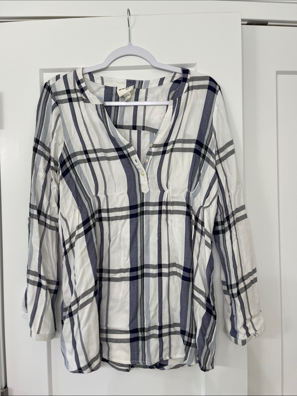 White Plaid Henley Blouse with Navy and Gray Stripes